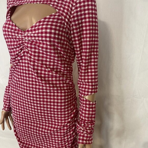 NEW GANNI Women's Seersucker Cut-Out Checked Mini Dress Red/White Size 8 - Picture 10 of 13